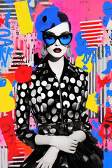 Pop collage Illustration of a beautiful female fashion model with sunglasses over colorful and...