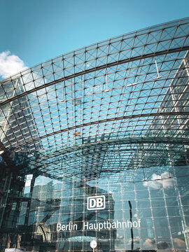 Berlin, Germany - October 13, 2021: Main entrance Berlin Central Station against blue sky