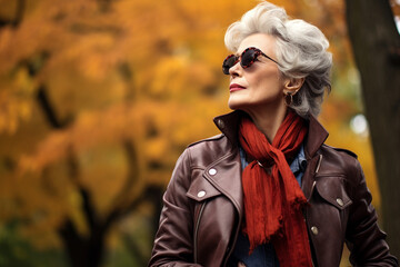 thoughtful senior woman in a jacket looking up in the autumn in the park. High quality photo