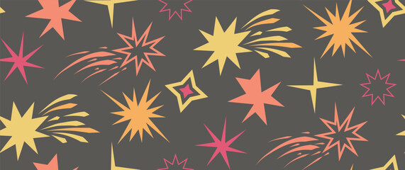 Children's drawing. Stars of various shapes. The star flies across the sky. Colored abstract graphic elements. Seamless pattern with stars. vector illustration. funny stickers. Star Collection