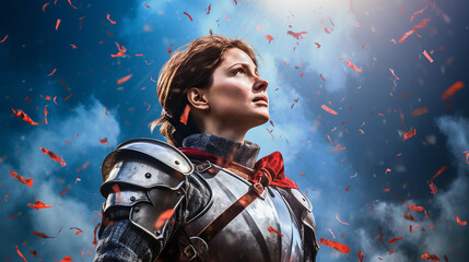 Joan of Arc's Valor: Digital Painting of the Warrior Gazing Skyward Amidst Whirling Ribbons