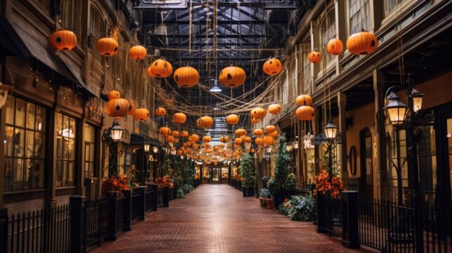 Places decorated for Halloween night.