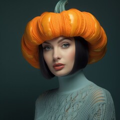 Portrait of a beautiful girl with a pumpkin on her head. Halloween concept. Illustration. Generative Al.