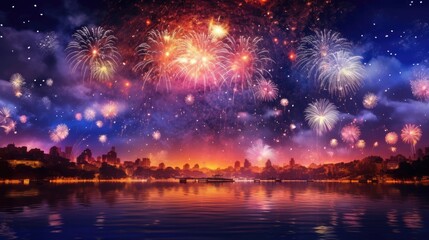 Fototapeta na wymiar Fireworks exploding over cities in the dark at night.