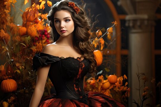 Beautiful Woman Characterized by Halloween- Catrina, Witch, Vampire, Bat