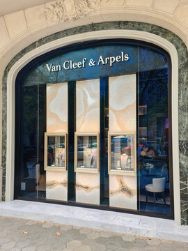 Barcelona, Spain - 22 July 2023: A noble boutique of the world-famous brand Van Cleef Arpels in the shopping street of Barcelona.