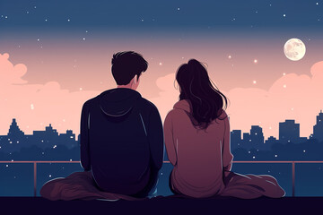 Cute romantic couple sitting on roof and looking at the night city and moon.