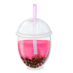 Refreshing fruit milky bubble boba tea strawberry, raspberry, cherry flavor with tapioca pearls. Food concept. Watercolor hand drawn illustration isolated on transparent background