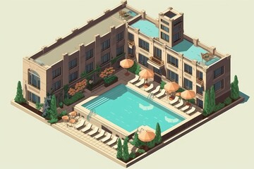 Fototapeta na wymiar Composition of an Expensive Hotel in Isometric. Generative AI