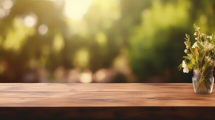 Empty wooden table with blurred background