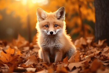 close-up portrait little cute fox on the background of the autumn forest - obrazy, fototapety, plakaty