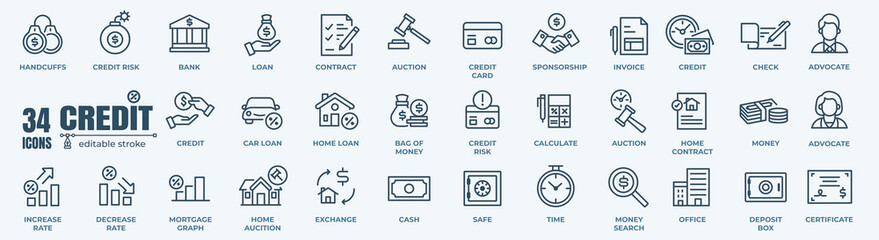 Loan and Credit web icons in line style. Credit card, deposit, car leasing, rate interest, calculator, income, rating, collection. - obrazy, fototapety, plakaty