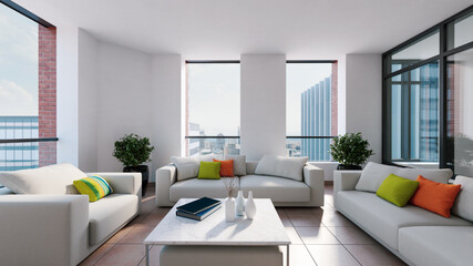 Large luxury modern bright interiors Living room mockup illustration 3D rendering computer digitally generated image