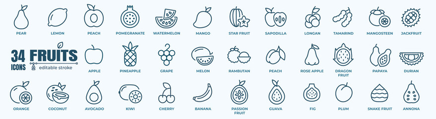 Fruits - thin line web icon set. Outline icons collection. Simple vector illustration.