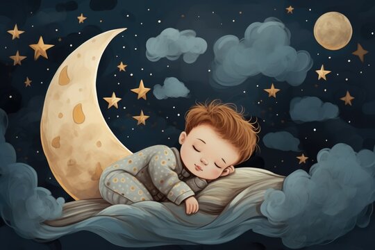 kids illustration with moon and sleeping baby. Beautiful poster for baby room or bedroom. Childish greeting card