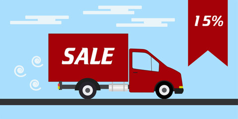 A red car with the inscription sale. Flat drawing of the delivery van. Banner concept, flyers for discounts, sales.