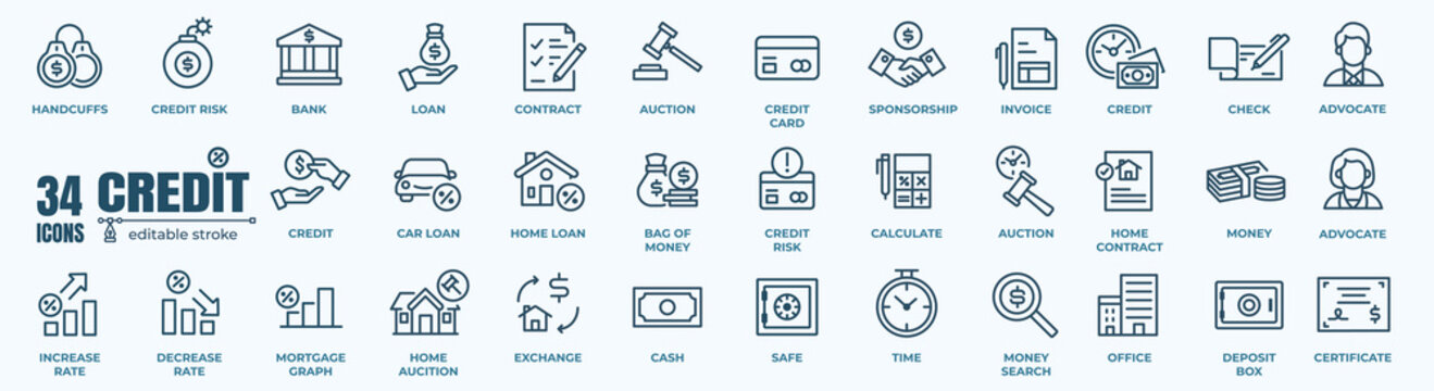 Loan and Credit web icons in line style. Credit card, deposit, car leasing, rate interest, calculator, income, rating, collection.