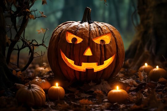 Halloween pumpkin head jack lantern with burning candles in scary deep night forest,AI generated