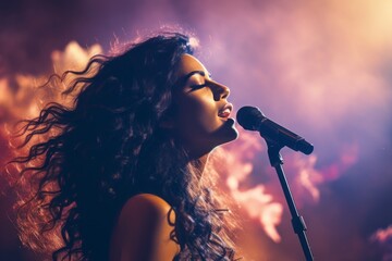 Beautiful female pop star singer giving music concert performance