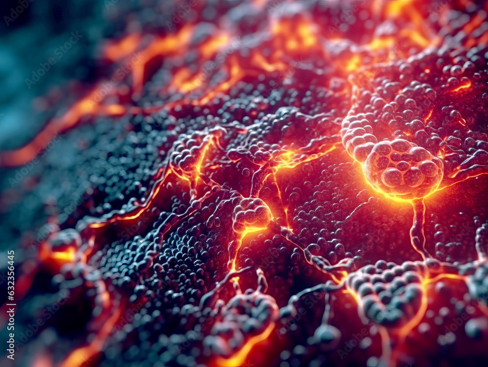 Poster medical science background with cells and glowing particles. generative ai