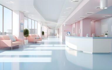 Empty modern hospital corridor, clinic hallway interior background with white chairs for patients waiting for doctor visit. Contemporary waiting room in medical office, blue, pink pastel, AI Generated