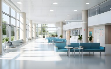 Empty modern hospital corridor, clinic hallway interior background with white chairs for patients waiting for doctor visit. Contemporary waiting room in medical office, blue, pink pastel, AI Generated