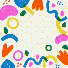 Digital illustration in the style of retro risograph techniques. Hand drawn abstract shapes frame. 
Template for card or banner with room for text. Vector