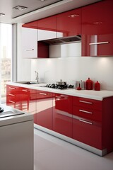 Modern elegant kitchen stock photo, white and red colors,  futuristic style, white, bright, AI Generated