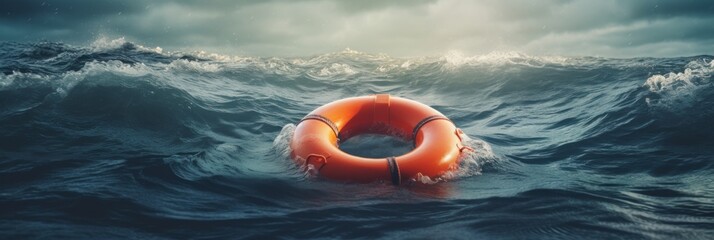 Lifebuoy floats in rough sea waters. Safety and rescue concept. Generative AI