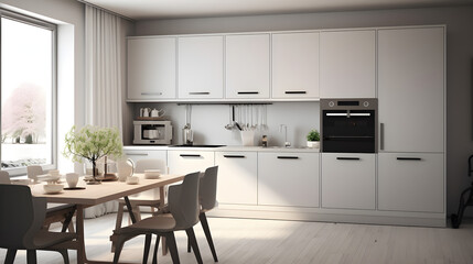 Modern elegant kitchen stock photo, black, gray and brown colors,  Nordic style, white, wooden furniture, AI Generated