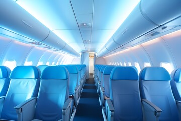 Fototapeta premium Rows of empty seats on airplane, modern new interior, bright lighting, white and blue colors, futuristic, advertisement, aerial transport, AI Generated