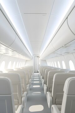Rows of empty white seats on airplane, modern new interior, bright lighting, white and blue colors, futuristic, advertisement, aerial transport, AI Generated