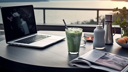 Smoothie with laptop on the table. Generative AI