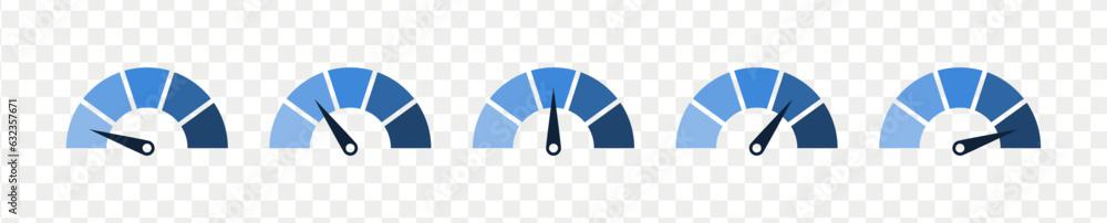 Aufkleber Speedometer icon, tachometer icon. Speed indicator icon set. Rating meter signs performance concept. Dashboard level scale icon. vector illustration