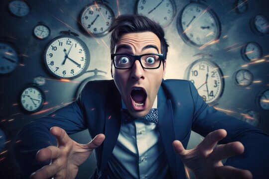 a man in a business suit has no time, he is stressed. deadline and time management concept