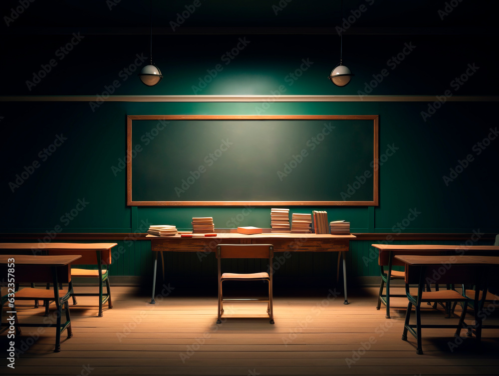 Poster interior of a classroom with wooden tables and chairs. generative ai