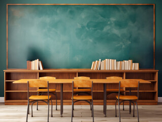 Classroom interior with empty chalkboard, wooden table and chairs. Mock up. Generative AI
