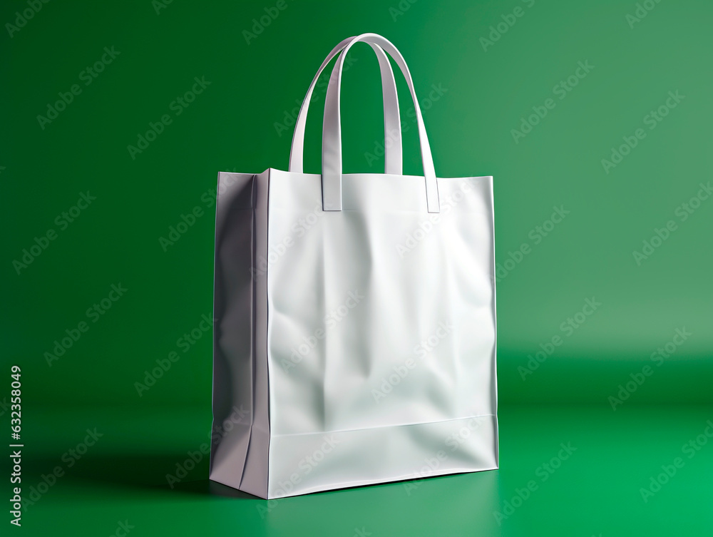 Poster white shopping bag on a green background. mock up. generative ai