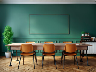Interior of modern conference room with green walls, wooden floor, long wooden table with orange chairs and horizontal mock up poster. Generative AI
