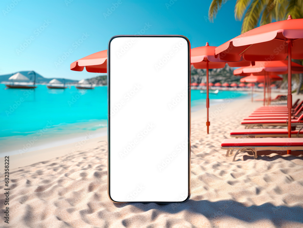 Poster smartphone with a white screen on the beach, mock up. generative ai