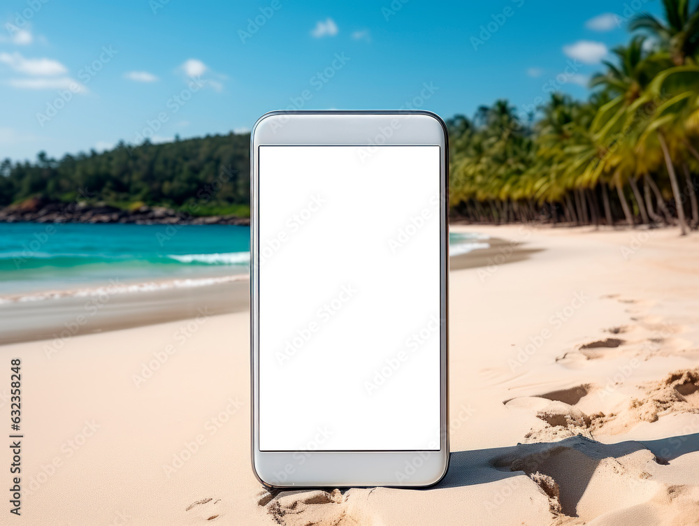 Poster mobile phone with blank screen on tropical beach. mock up. generative ai