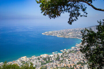 Naklejka na ściany i meble lebanon Jounieh Beirut cityscape coast landscape high up sky clouds mounatins mediterranean sea