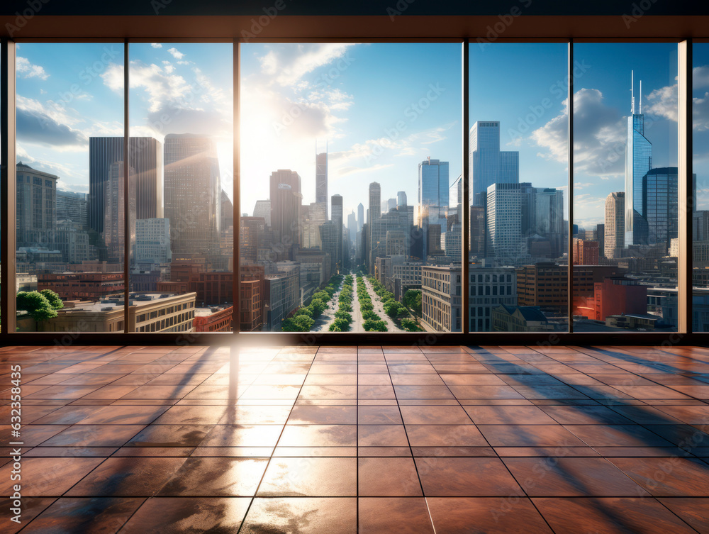 Poster empty tiled floor with modern cityscape and skyline in the background. Generative AI