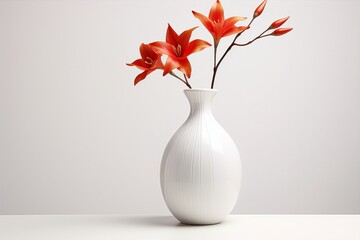 white vase with red flowers isolated on white background. © Fotograf