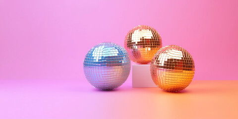 An illustrative depiction of a festive atmosphere with little disco balls arranged on a vibrant gradient pastel background, setting the perfect party mood with a burst of color.