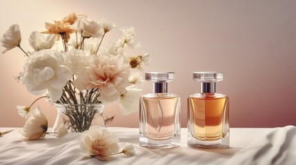 An enchanting composition of stylish perfumes, featuring ornate bottles intertwined with delicate flowers, beautifully portrayed in a charming, blush-colored illustration.