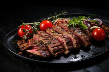 sliced beef steak on black plate | Generative AI