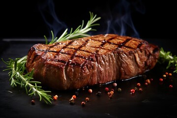 grilled beef steak on a dark background. expensive marbled beef of the highest grade fried to rare on the grill | Generative AI
