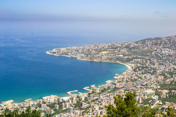 Fototapeta premium lebanon Jounieh Beirut cityscape coast landscape high up sky clouds mounatins mediterranean sea