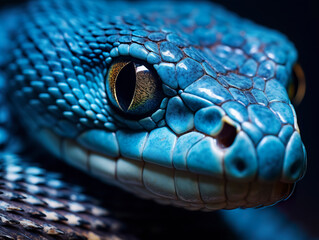 Fototapeta premium An up-close look at the perilous blue insularis viper snake, showcasing its intricate details in a striking macro perspective.